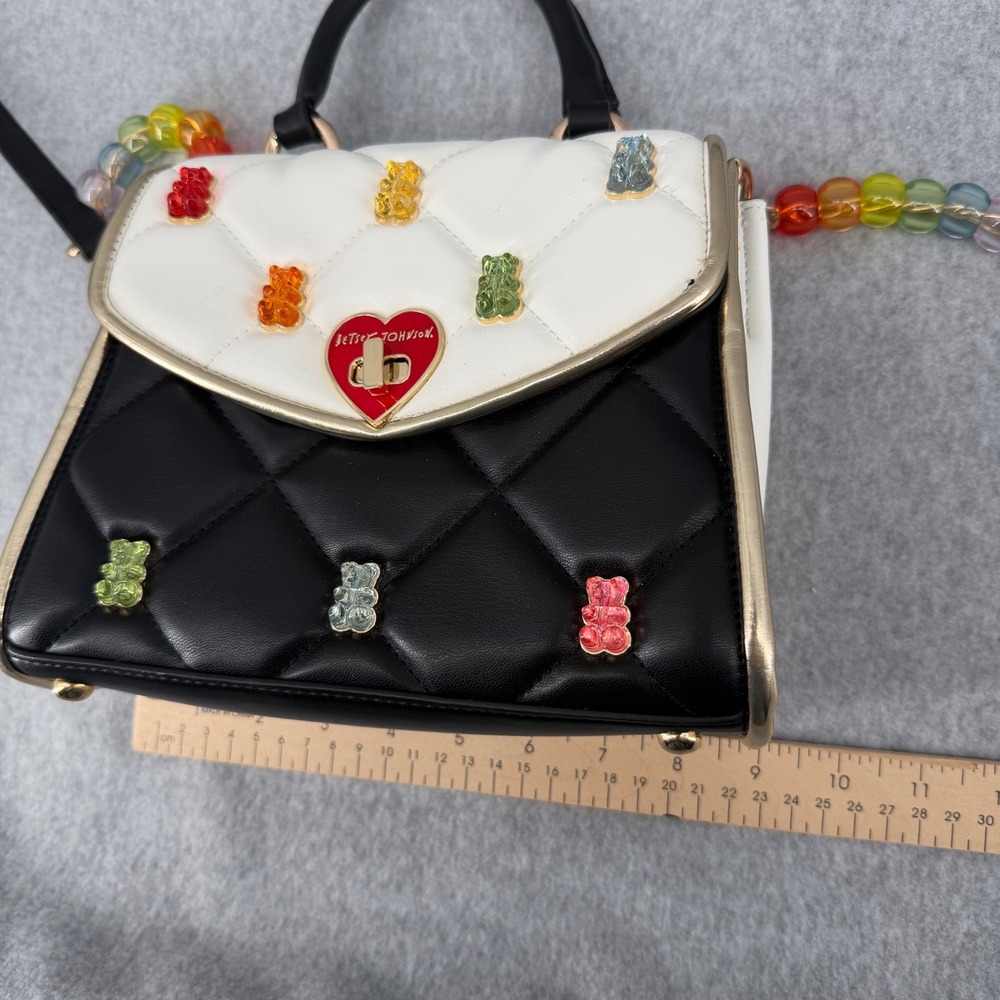 Betsey Johnson Gummy Bear Quilted Satchel Crossbody Bag Black White Rainbow Hear - Picture 12 of 13